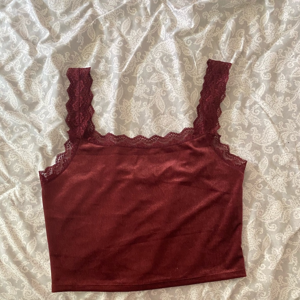 Burgundy Velvet crop top with lace (L)